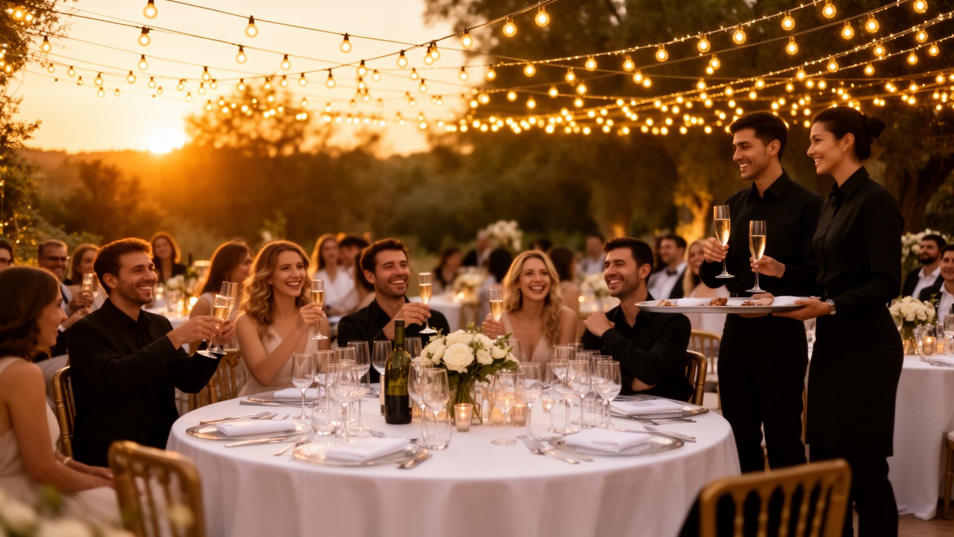 Casamento luxuoso ao entardecer com mesas elegantes